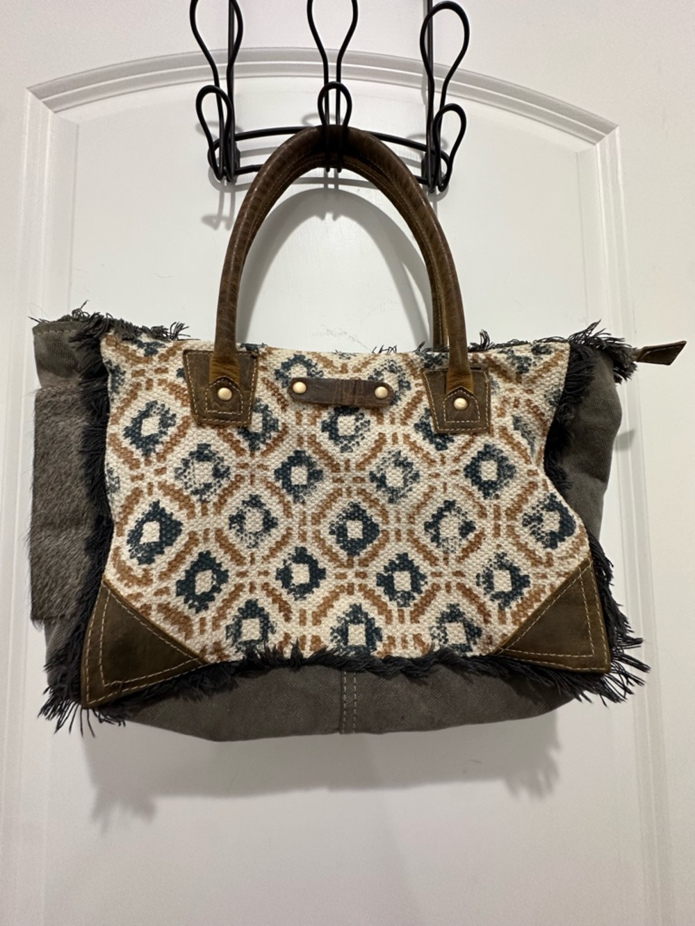 Myra Bag Boho Patterned Tote Bag in Brown and Cream Calf Hair Accent